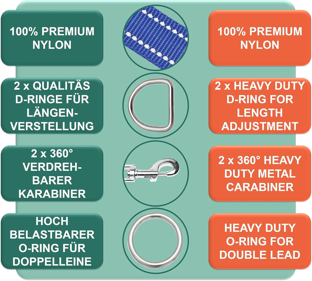 DEY - Premium Hundeleine Nylon 2m | Reflektierend | 3fach Verstellbar | für Kleine, Mittelgrosse u.