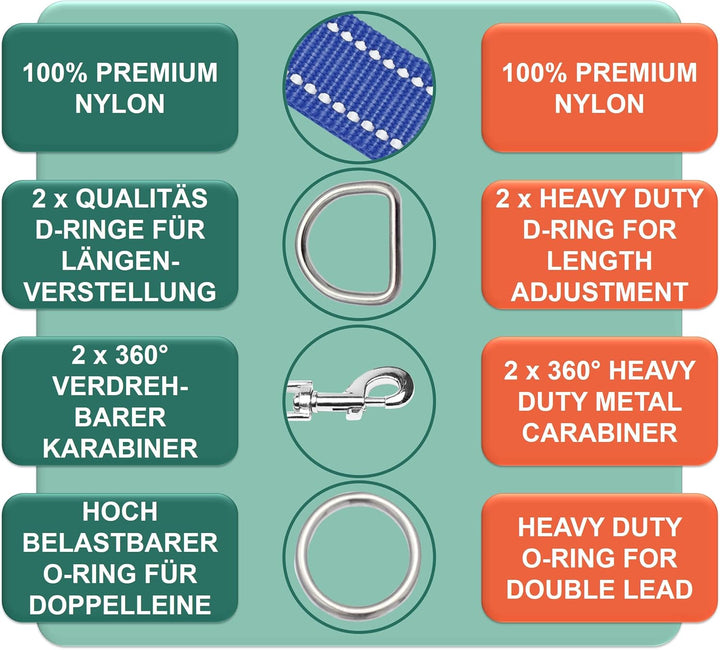 DEY - Premium Hundeleine Nylon 2m | Reflektierend | 3fach Verstellbar | für Kleine, Mittelgrosse u.