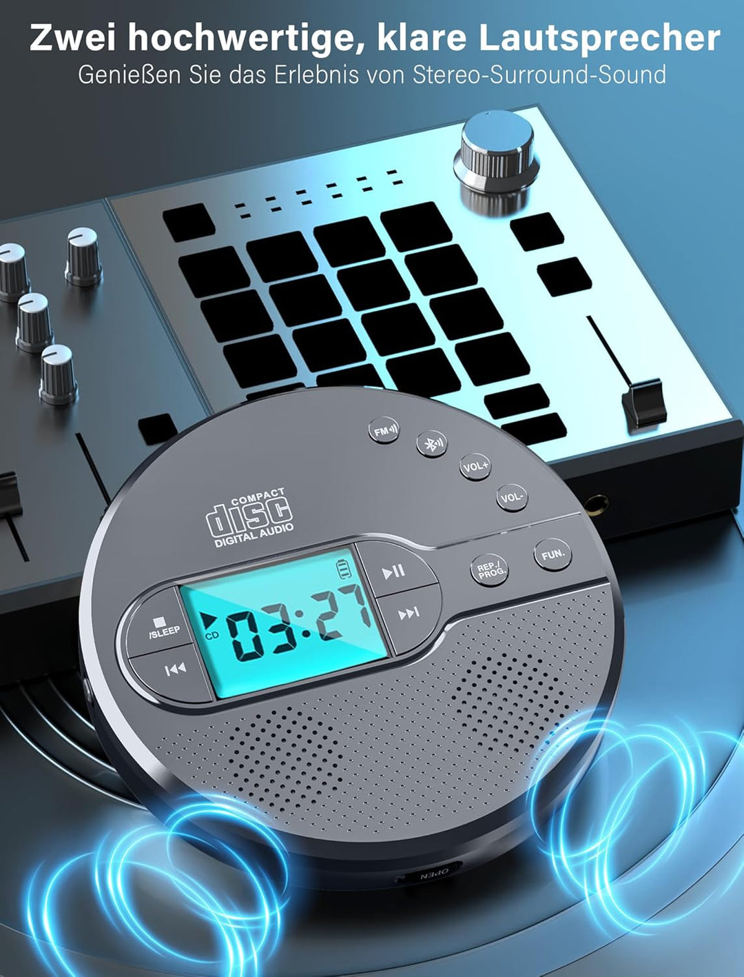 Walkman CD-Player mit Bluetooth - 2000mAh Wiederaufladbarer Discman CD-Player mit FM-Transmitter, Ko