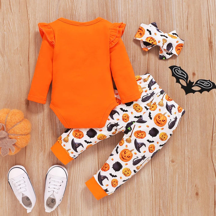Baby Mädchen Kleidung Set 3tlg My First Halloween Langarm Outfit mit Stirnband und langem Kürbis Hos