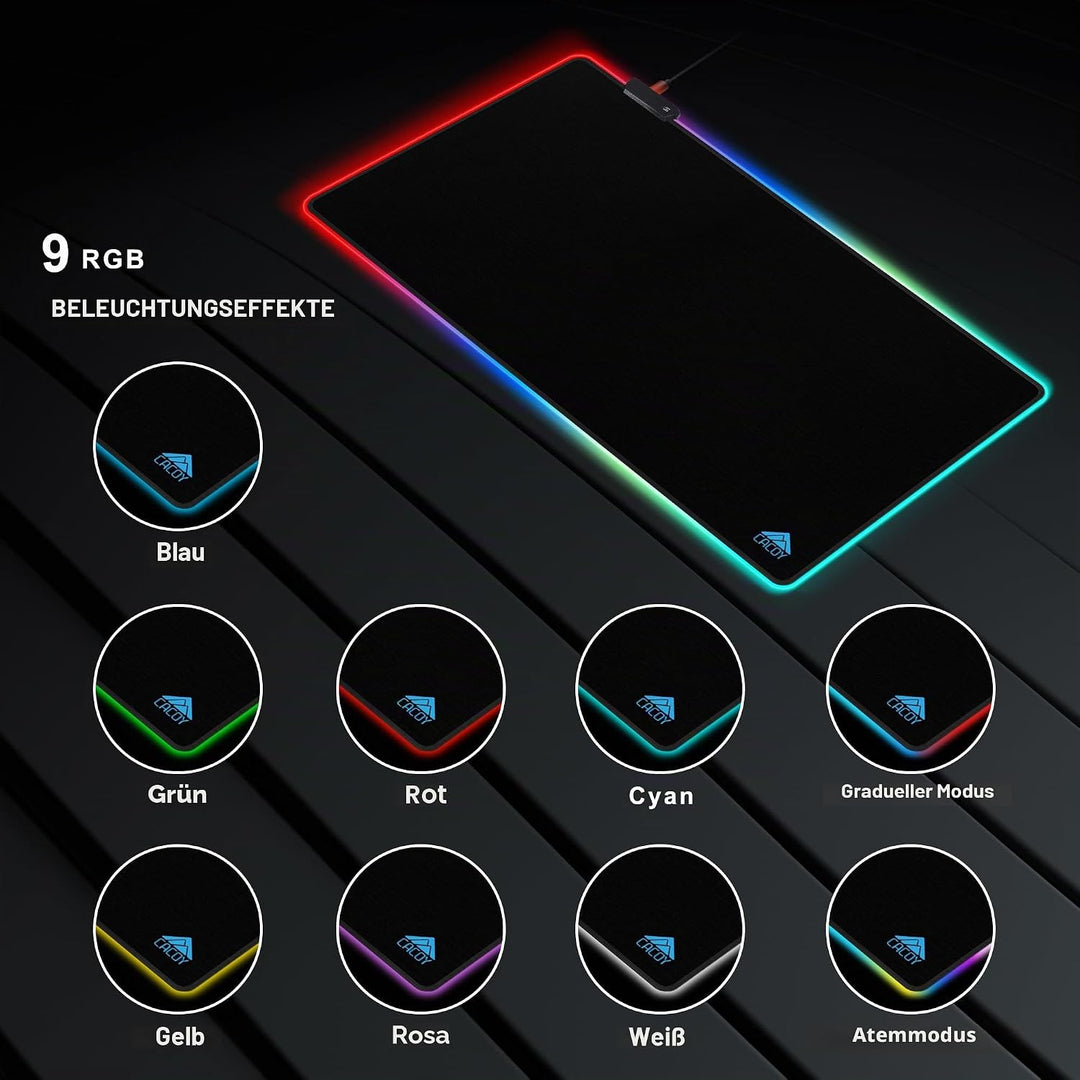 Cacoy 1200x500 mm Übergrösse RGB Gaming Mauspad, Gross Computer Mousepad mit 9 Beleuchtungs Modi, Ve