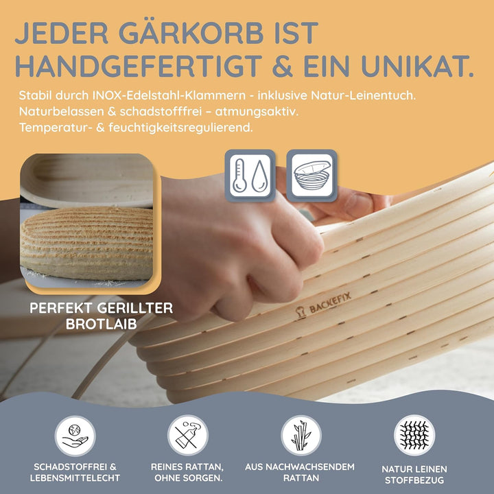 Backefix Gärkörbchen oval 44cm für Baguette | länglicher Gärkorb handgefertigt aus Rattan mit Leinen