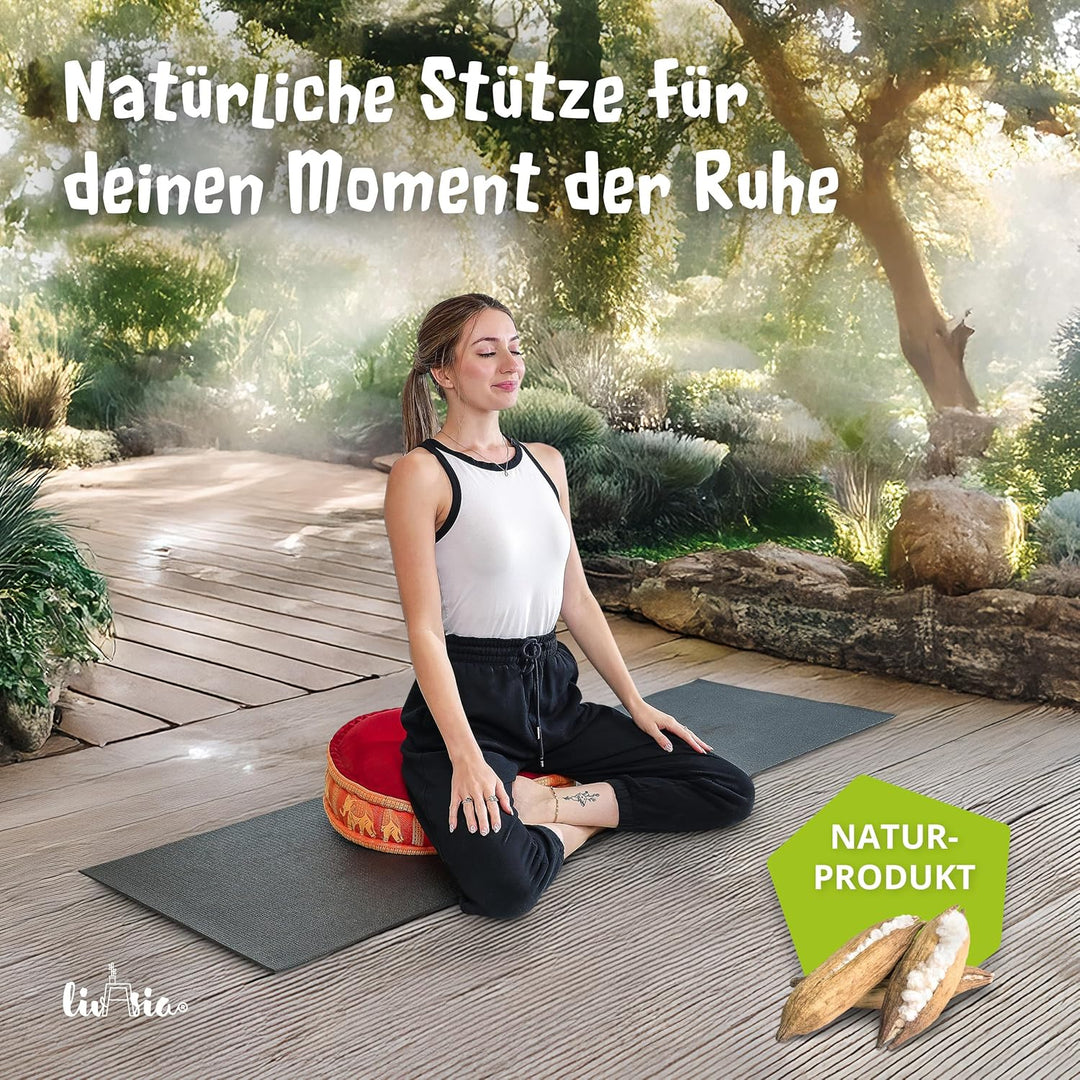 livasia Meditationskissen mit Thaiseide - Ø 45x15cm - Yogakissen mit Kapok, Pouf, Bodenkissen für Yo