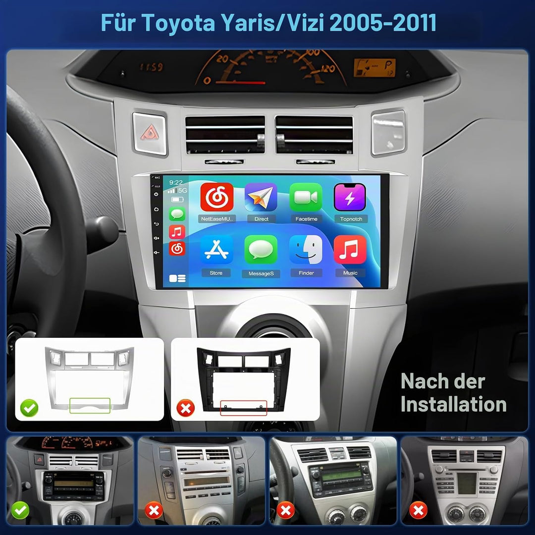 Hikity 4+64GB Android 15 Autoradio für Toyota Yaris/Vizi 2005-2011 Mit Wireless Carplay Android Auto