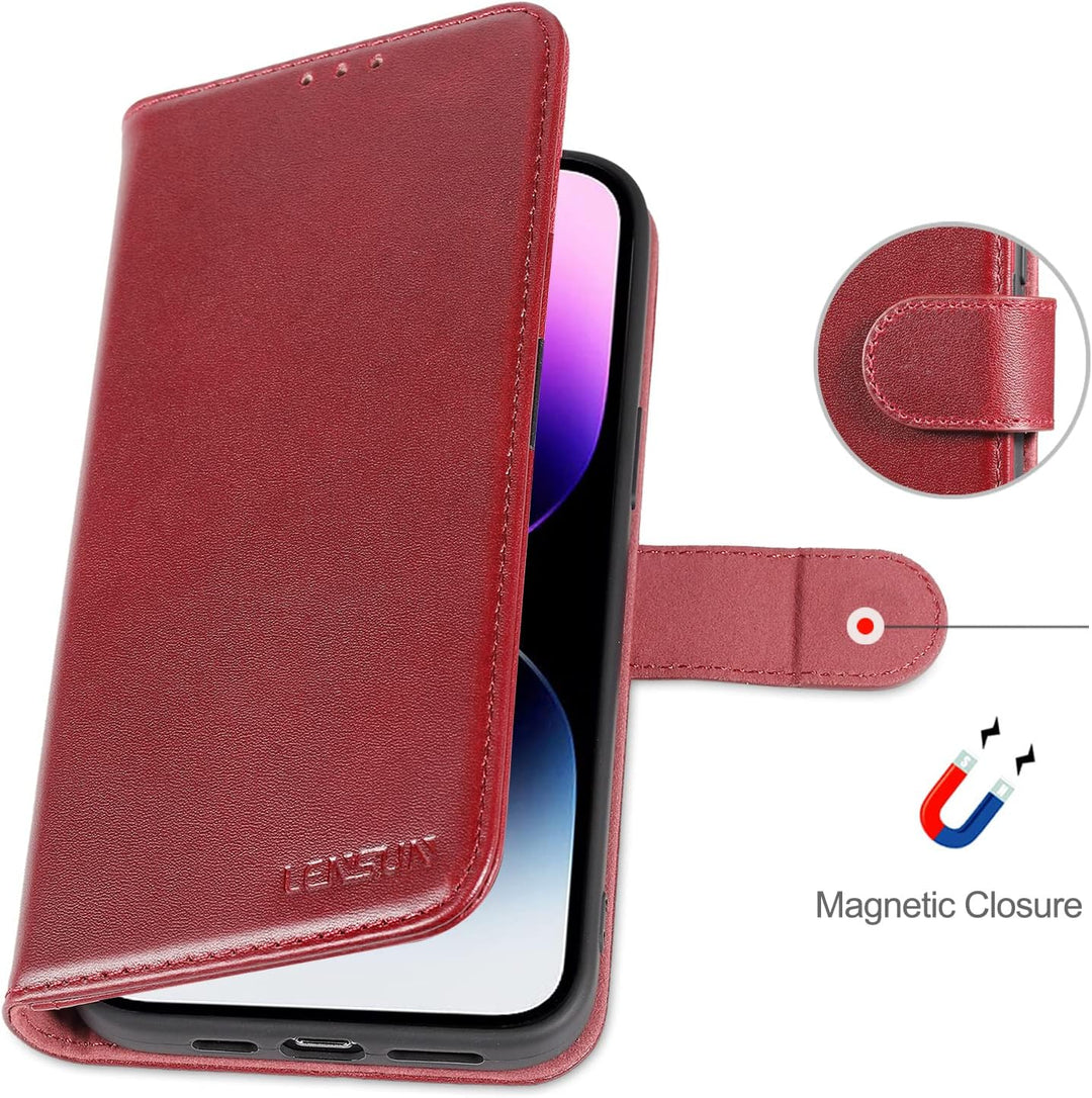 LENSUN Echtleder Hülle für iPhone 14 Pro Max, Handyhülle Echtes Leder [Magnetverschluss][RFID Schutz