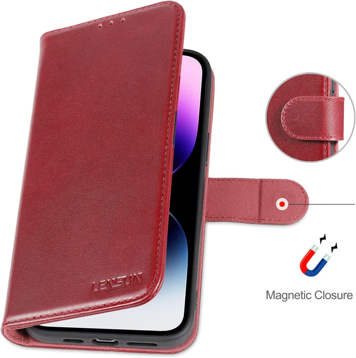 LENSUN Echtleder Hülle für iPhone 14 Pro Max, Handyhülle Echtes Leder [Magnetverschluss][RFID Schutz