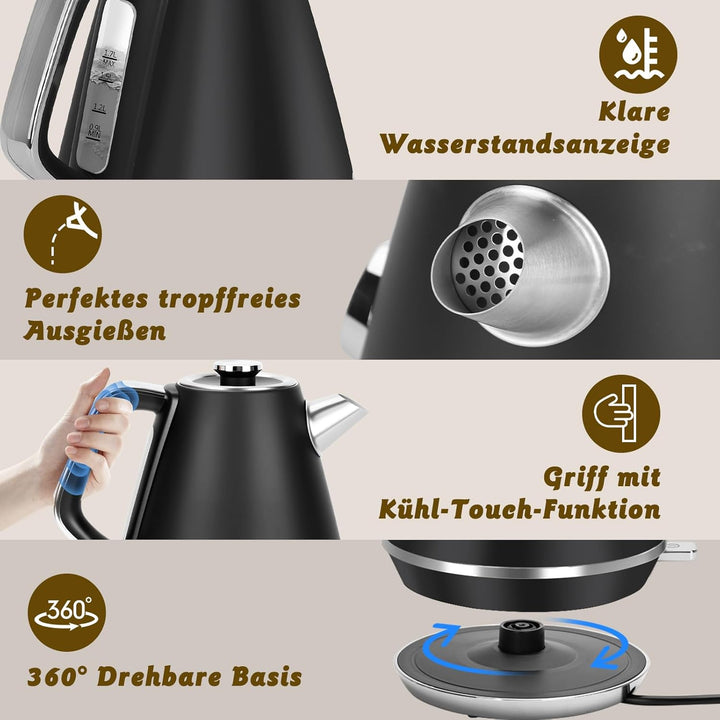 Taylor Swoden Aladin - Wasserkocher Edelstahl 1,7l, Retro elektrischer Wasserkocher mit Kalkfilter 2