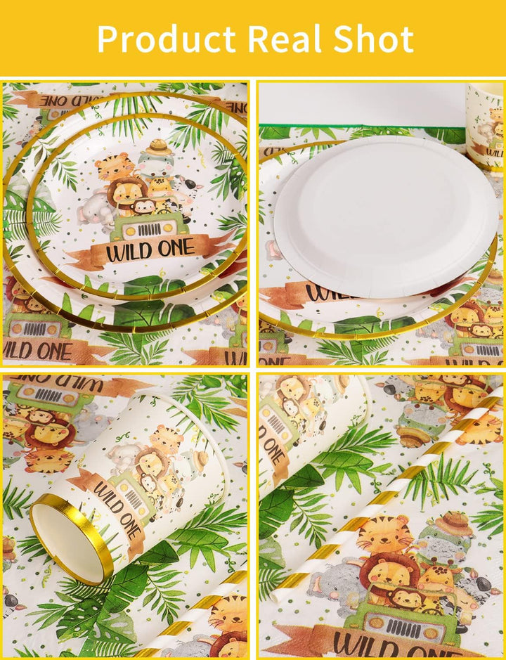 Dschungel Safari Partygeschirr Set 126 Stück Papier Teller Tassen Servietten Strohhalme für Wild One