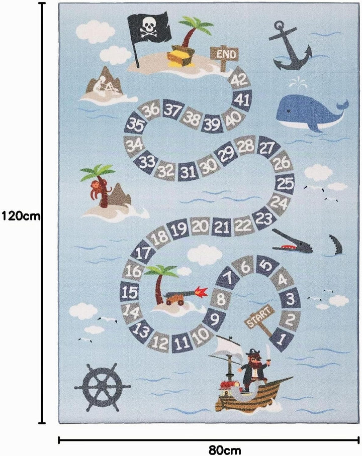 SIMPEX Kinderteppich Blau 80x120 cm Pirat Design Modern rutschfest Waschbar Pflegeleicht Extra Weich