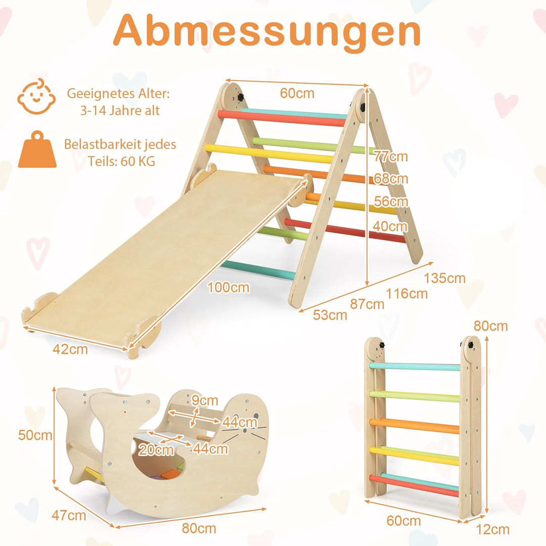 COSTWAY Kletterdreieck mit Rutsche, 7 in 1 Klettergerüst Indoor ab 3 Jahren, Kletterdreieck klappbar