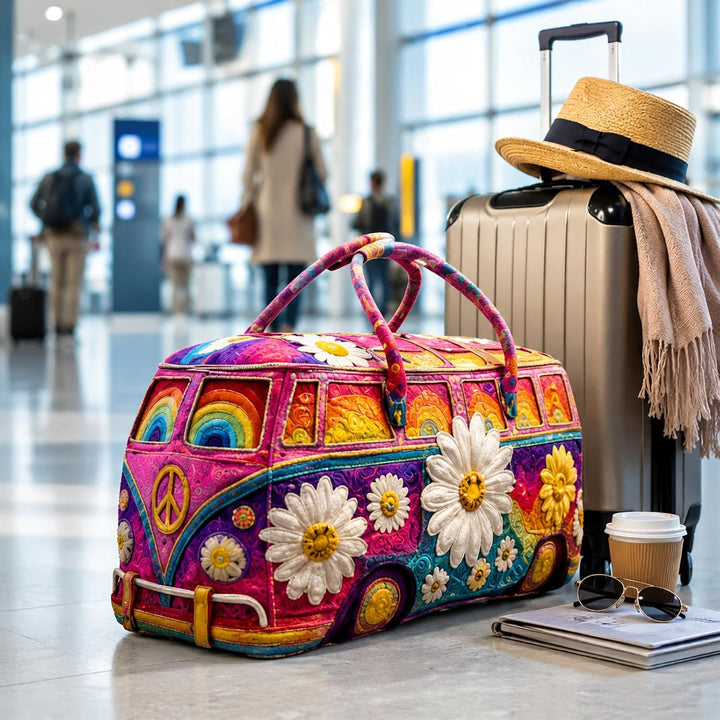 Hippie Van Quilted Duffle Bag – Boho Wochenendtasche - Bus Design Handliche Reisetasche Damen Weeken