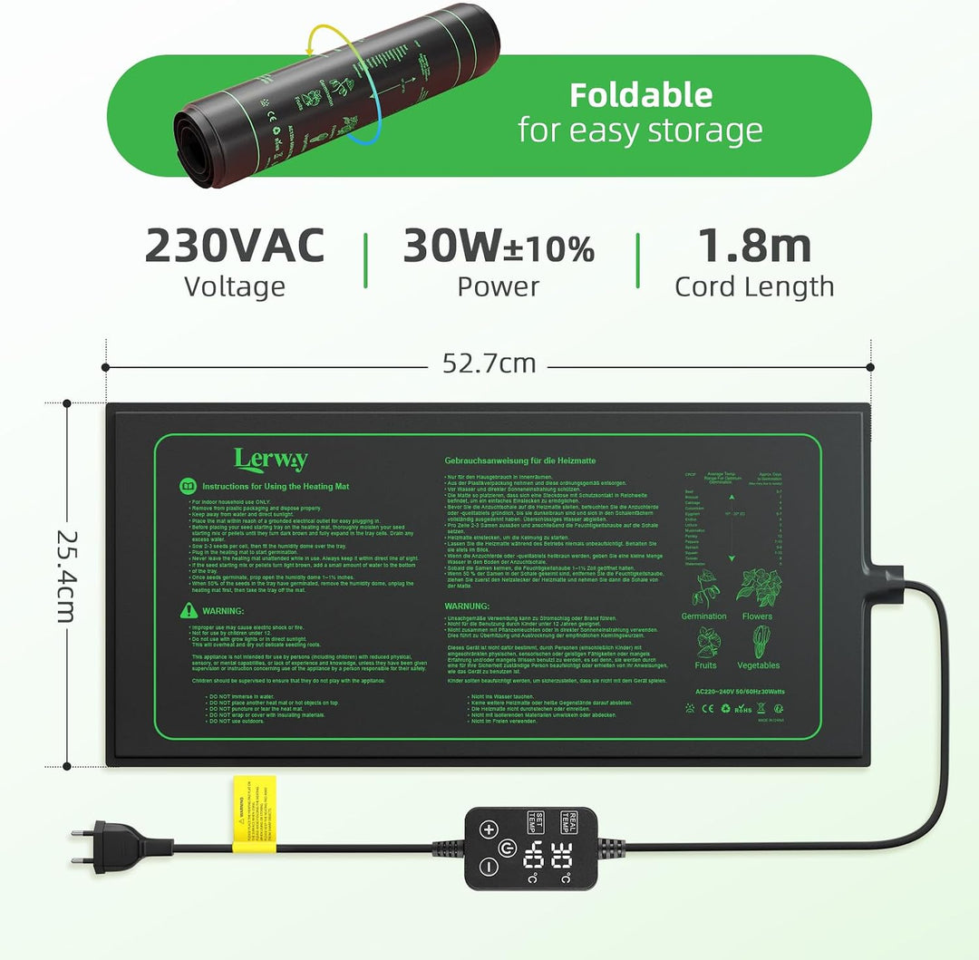 LERWAY Heizmatte Pflanzen mit Thermostat, IP67 wasserdichte Anzuchtheizmatte, 30W, Digitale Temperat
