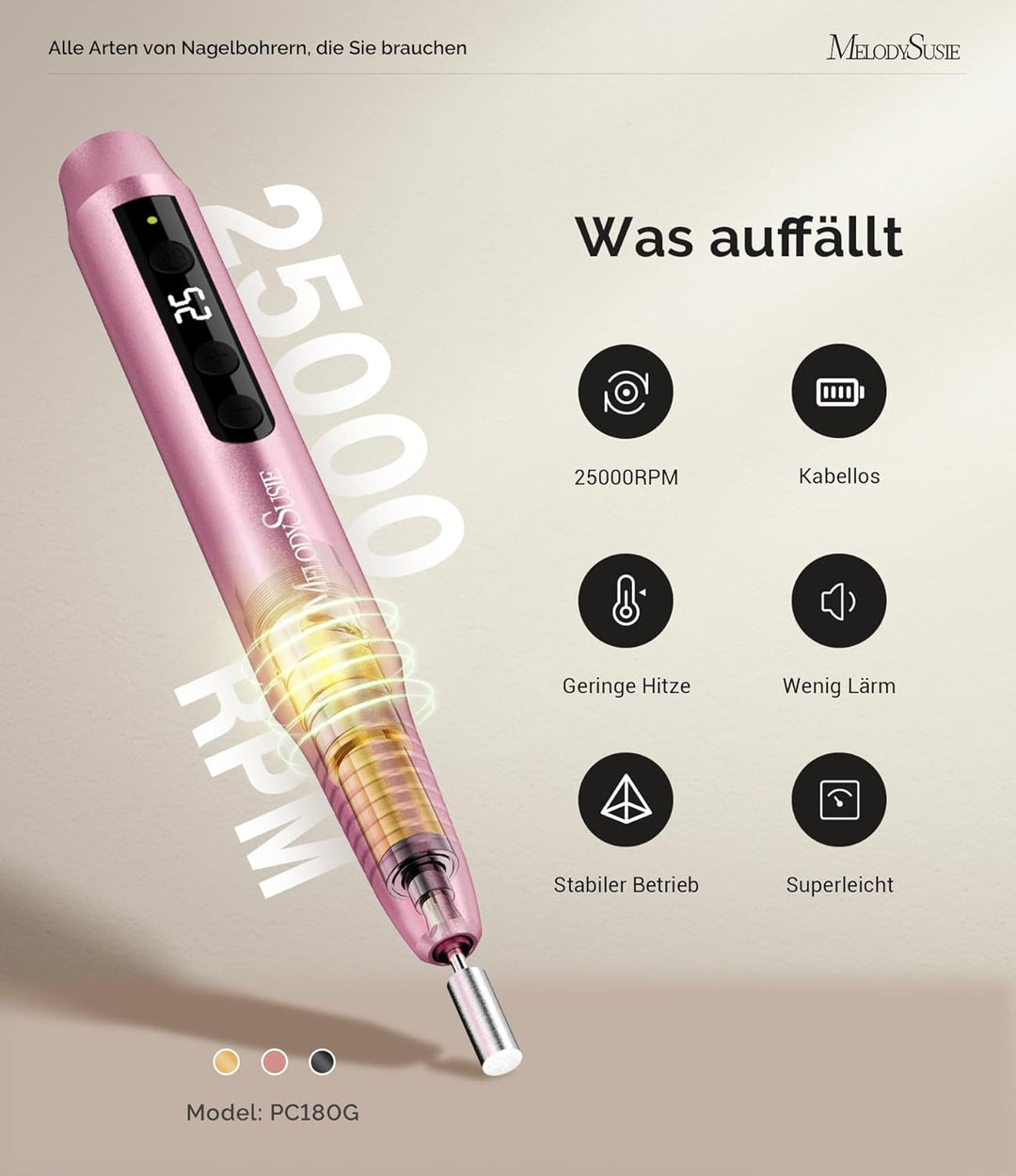 MelodySusie Kabellos Nagelfräser für Gelnägel, Elektrische Nagelfeile 25000 u/min, PC180G Profession