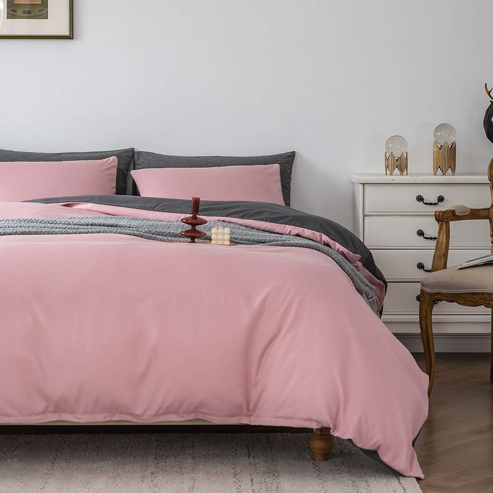 Damier Bettwäsche 220×240cm Altrosa Grau Unifarben Wendebettwäsche Set Superweiches Microfaser Decke