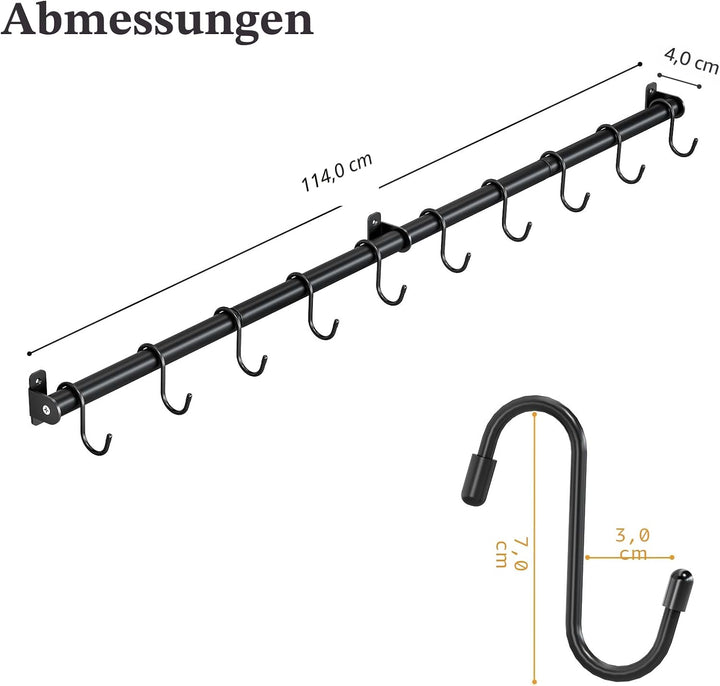 KINGRACK Küchenhalter, Hängeleiste mit 10 beweglichen S Haken, 110CM x 1, Schwarz, Stahl, Modern, 22