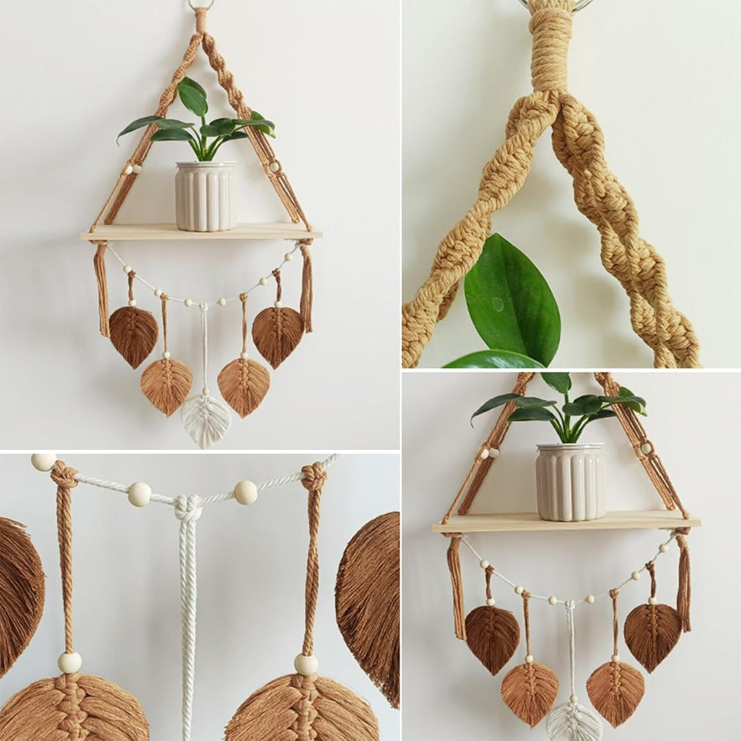Makramee Holz Wandregal,Boho Hängeregal Wand Deko 40x 90x14 cm Pflanzenregal, Bücherregal Badezimmer