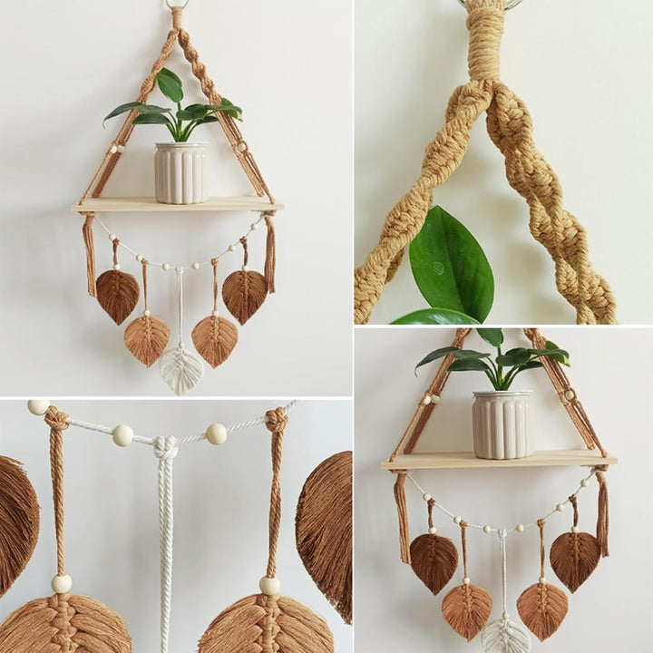 Makramee Holz Wandregal,Boho Hängeregal Wand Deko 40x 90x14 cm Pflanzenregal, Bücherregal Badezimmer