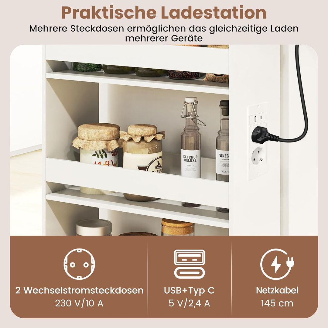 COSTWAY Nischenwagen 20cm breit, 4 Etagen Küchenwagen schmal mit Ladestation, Nischenregal auf Rolle