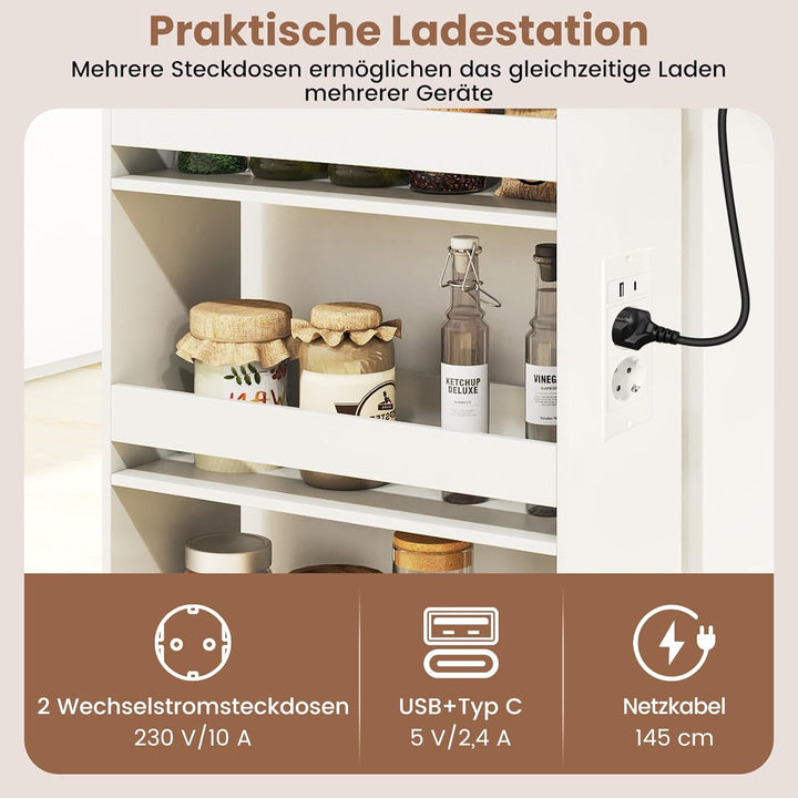 COSTWAY Nischenwagen 20cm breit, 4 Etagen Küchenwagen schmal mit Ladestation, Nischenregal auf Rolle