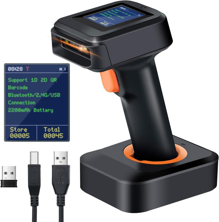 Tera 2D HW006 Barcode-Scanner, kabellos, QR-Code-Scanner mit Bluetooth, Zeitanzeige, Bildschirm, Bat