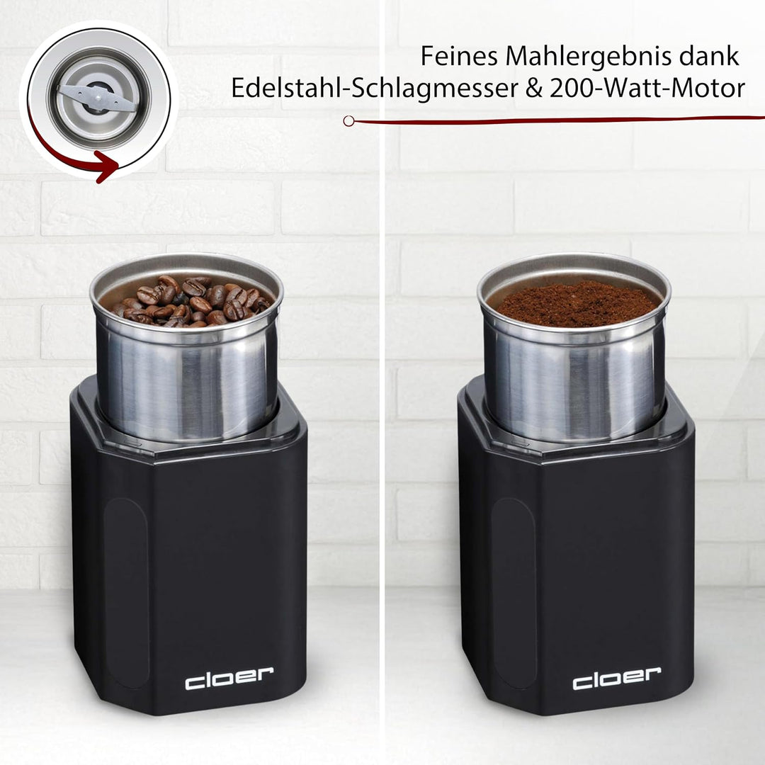 Cloer 7580 Elektrische Kaffee-und Gewürzmühle, 200 W, für Pesto, Nüsse und Getreide, bis zu 70 g Kaf