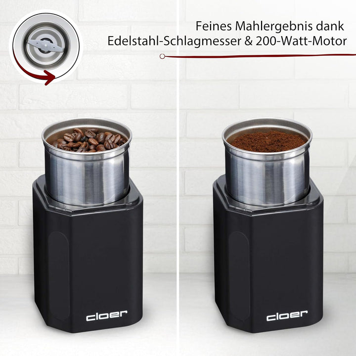 Cloer 7580 Elektrische Kaffee-und Gewürzmühle, 200 W, für Pesto, Nüsse und Getreide, bis zu 70 g Kaf