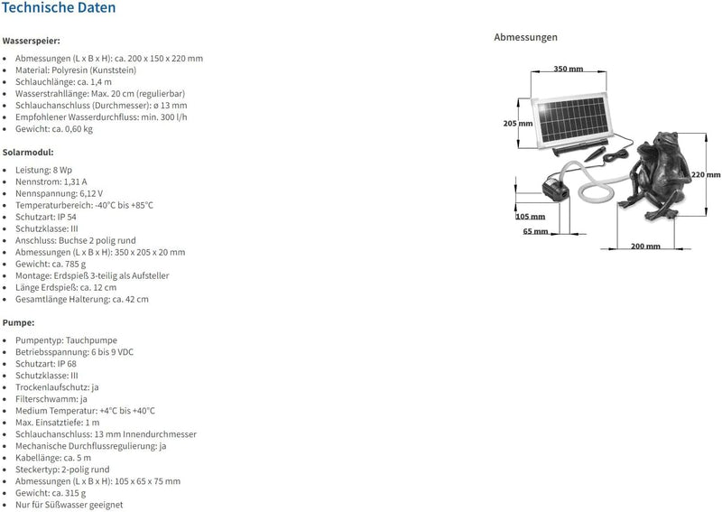 Solarbetriebener Wasserspeier Froschpaar - inkl. Solar Teichpumpe 8 Watt 380 l/h - Masse ca. 200 x 1