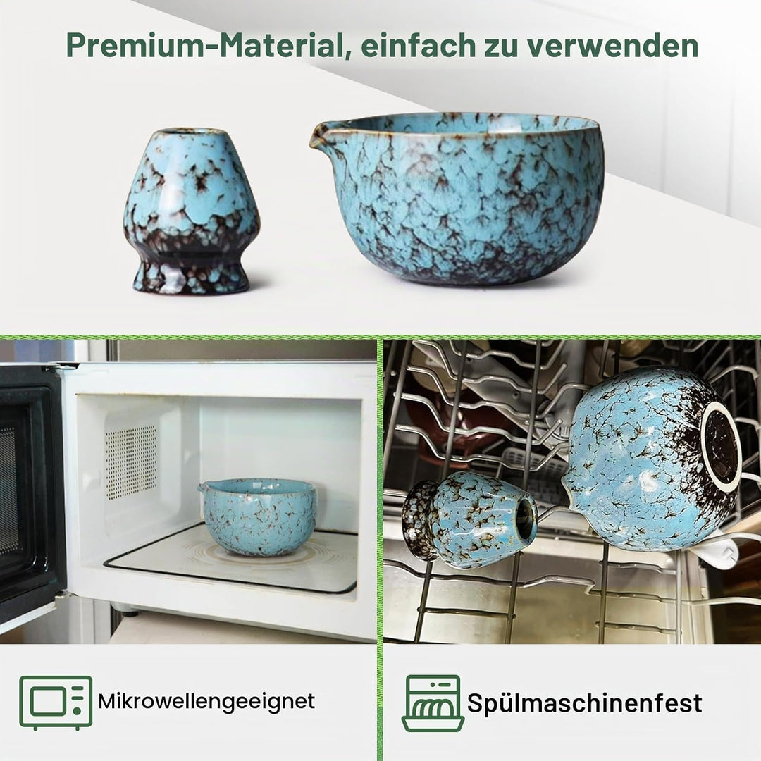 SURFOU Matcha Set 7 Stück, Matcha Schale mit Ausgiesser, Bambus-Schneebesen, Schaufel, Besenständer,
