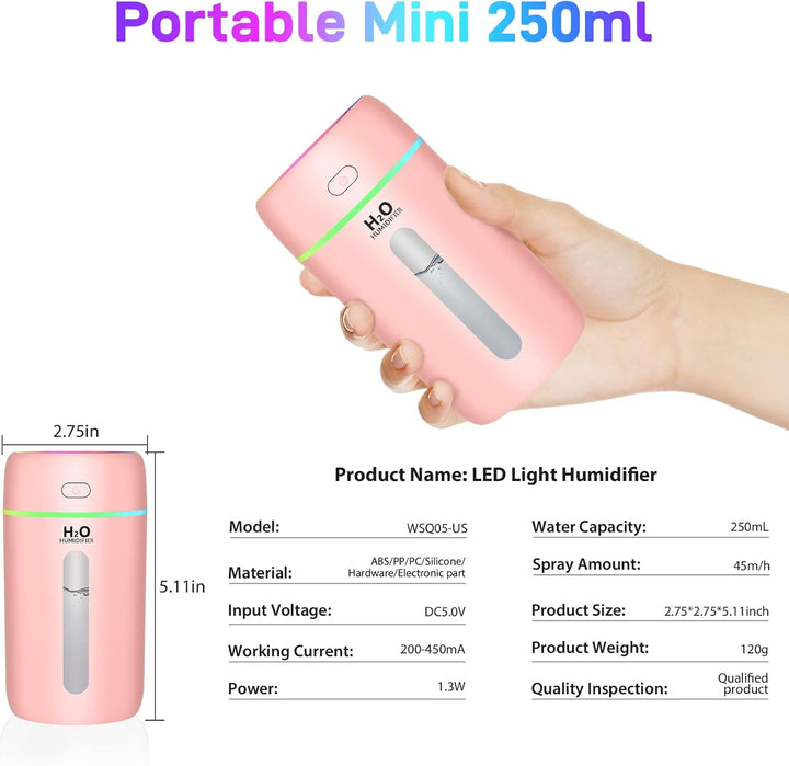 Kissleaf 250ML Mini Luftbefeuchter für Schlafzimmer/Kinderzimmer/Pflanzen,7-Farben-Licht 6H Lange La