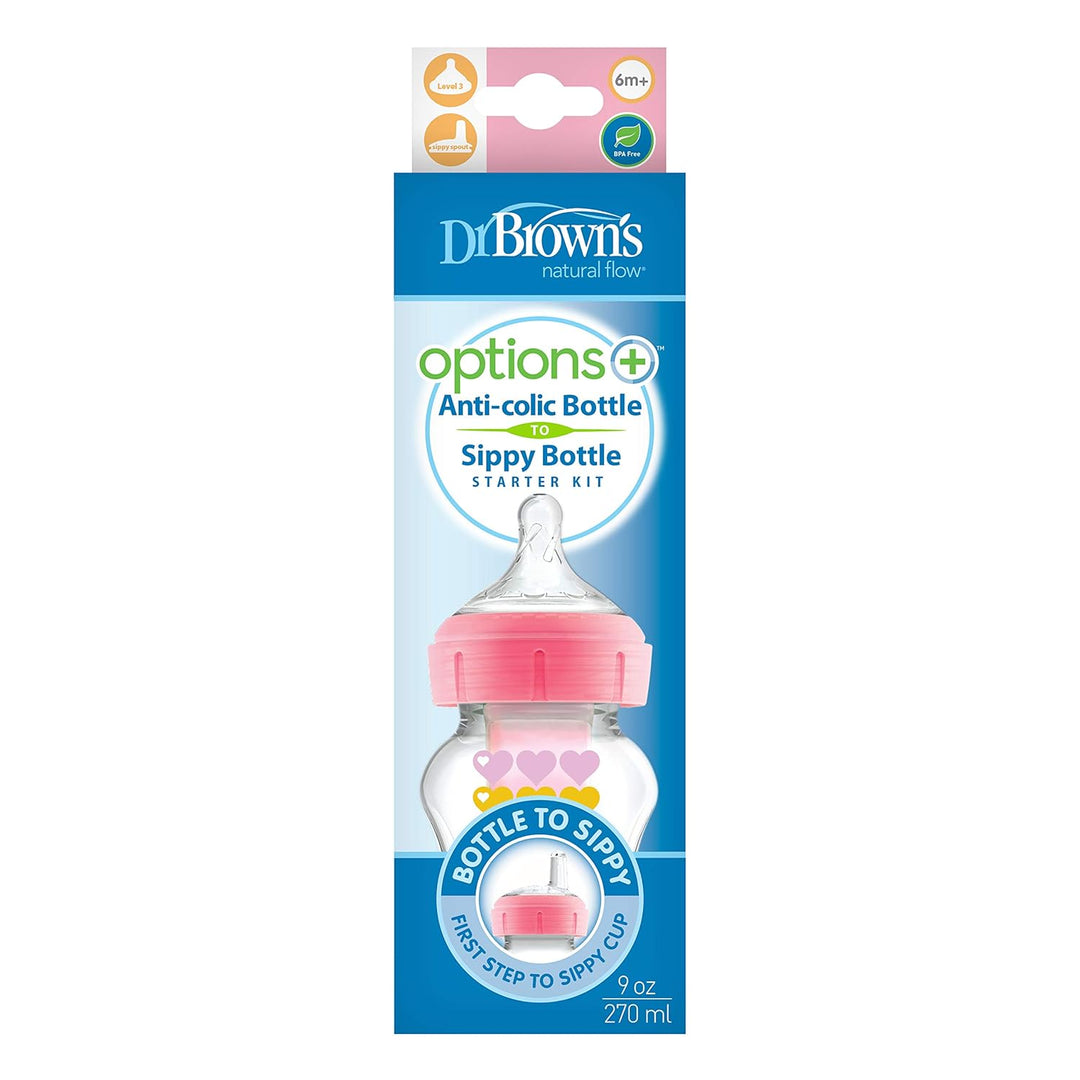 Dr. Brown's Natural Flow Options+ Schnabelflaschen-Starter-Set, Weithals, 270 ml, rosa Herzen