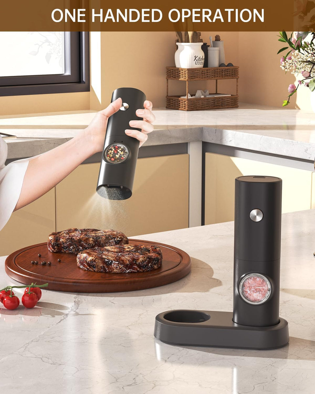 CIRCLE JOY Salz und Pfeffermühlen Elektrische 2er Set Batteriebetriebenen Gewürzmühle mit Basis, Wei