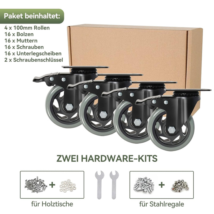 BAOLIHUI 100mm Graue Schwerlastrollen - 4er Set Lenkrollen mit Bremsen bis 600KG inkl. Montagezubehö