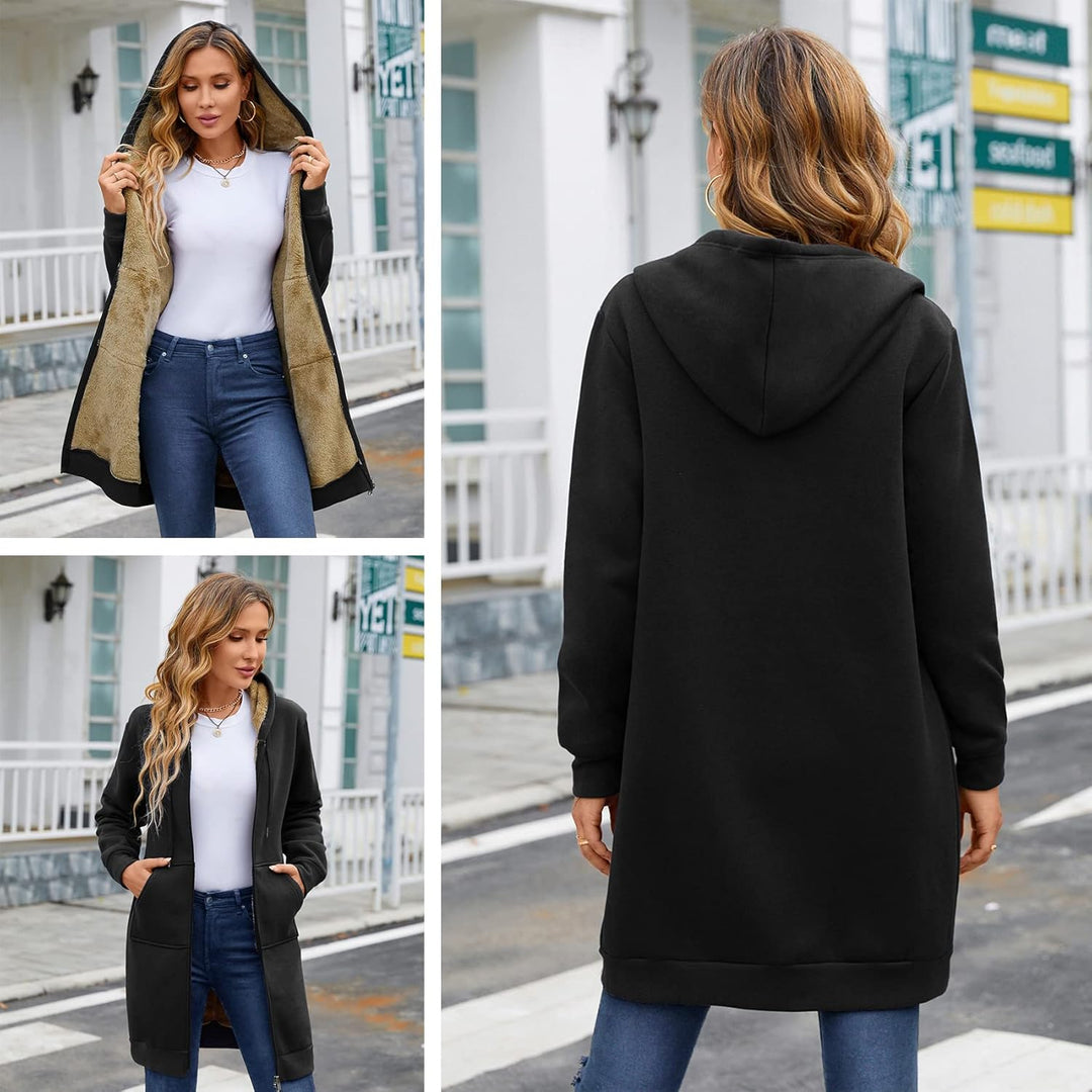 Nadeer Damen Mantel Plüschjacke mit Kapuze Lang Gefüttert Hoodies Plüsch Reissverschluss Mittellang