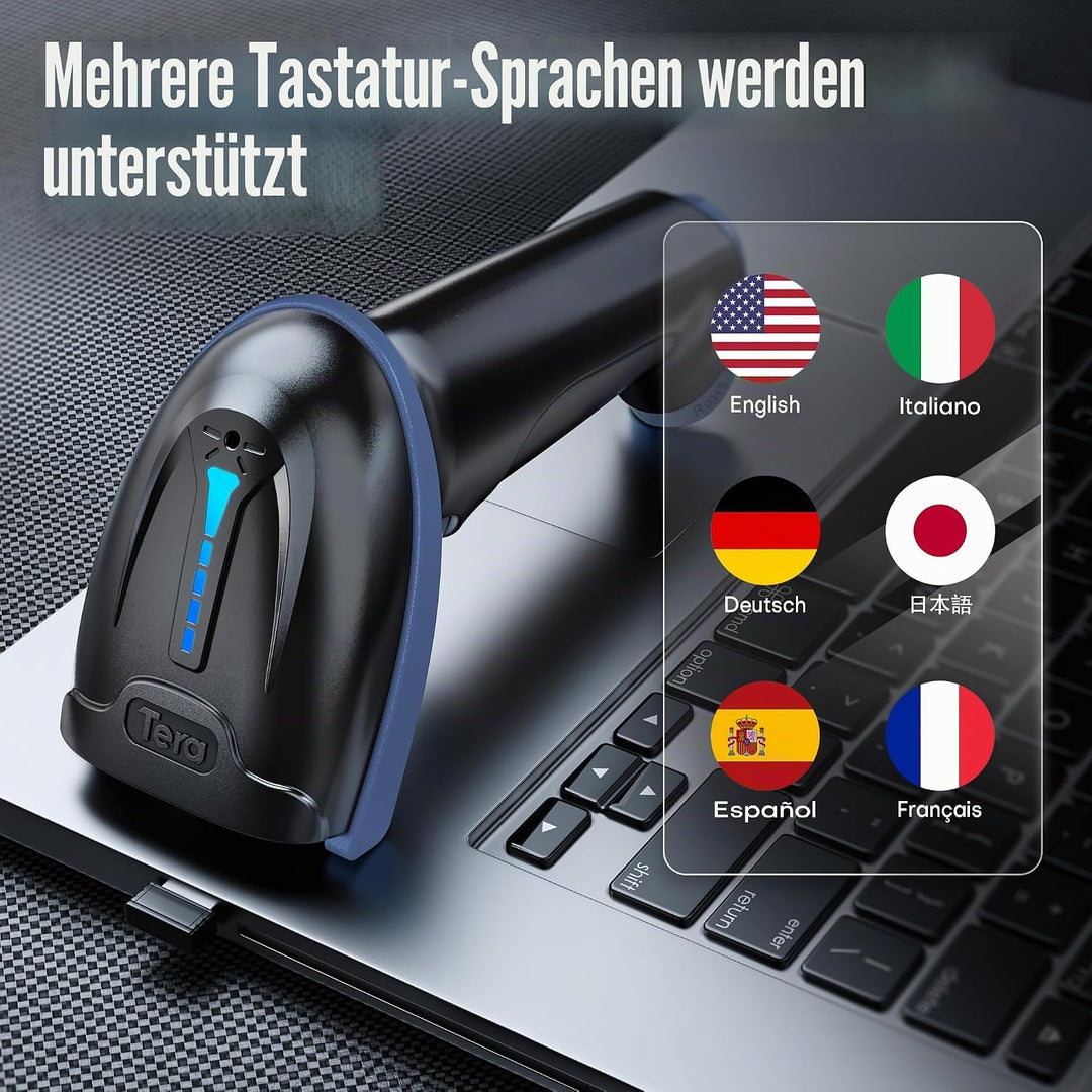 Tera Barcode-Leser kabellos und kabelgebunden mit Batteriestandsanzeige, Barcode-Scanner digital Bed