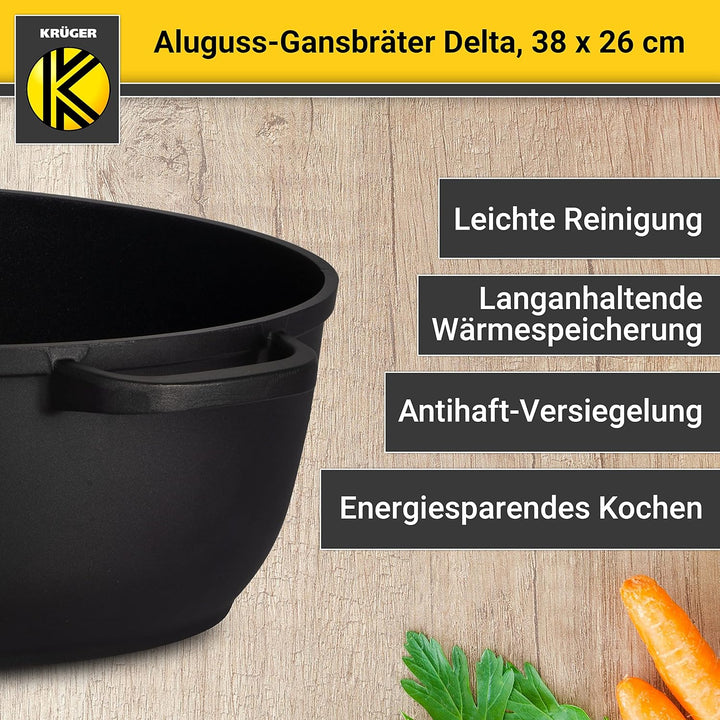 Krüger Aluguss-Bräter - Bräter mit Antihaft-Versiegelung (Aluguss-Gansbräter Delta - mit Induktion (