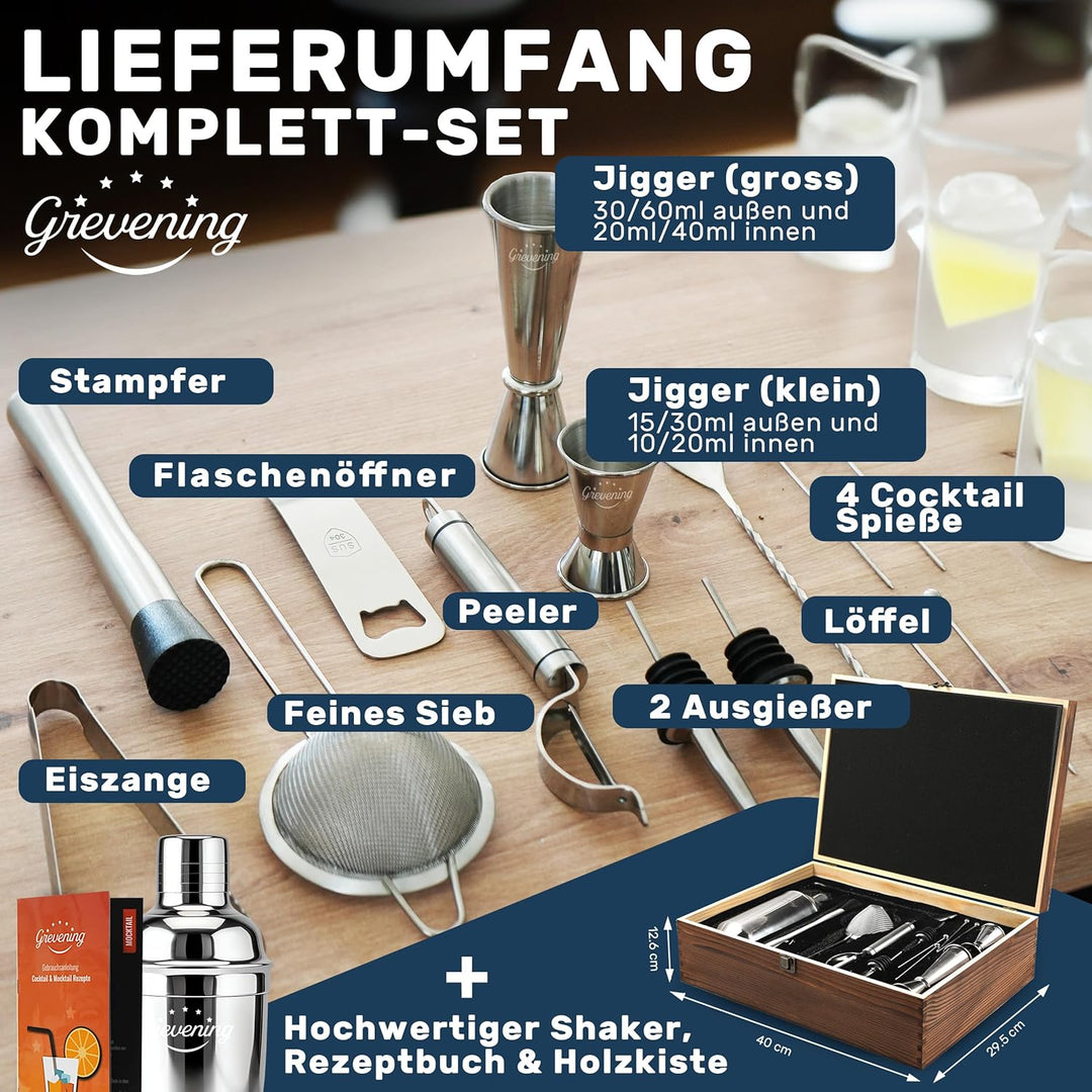 Grevening® Cocktail Shaker Set 16-teilig in praktischer und edler Holzkiste, tolle Geschenkverpackun