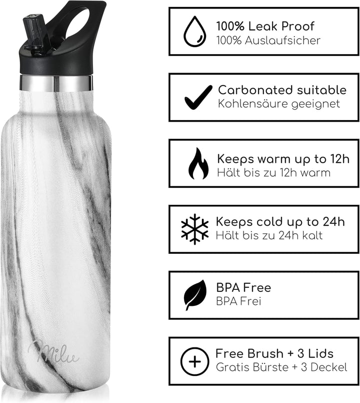 Milu Edelstahl Trinkflasche 500ml, 750ml, 1000ml (+3 Deckel) - Thermosflasche mit Strohhalm, Isolier