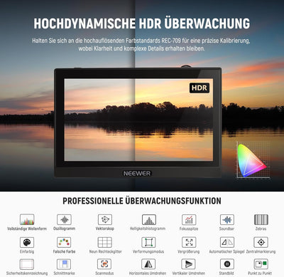 NEEWER F500 5,5" Kamera Feldmonitor, HDR Touchbildschirm mit 3D LUT, Wellenform, Vektorskop, Voll HD