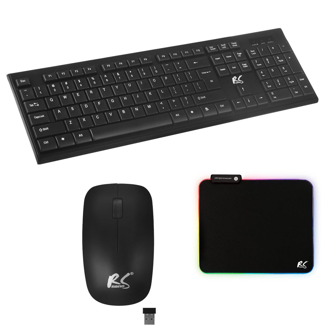 Kabellose QWERTY Tastatur + Maus + Mauspad Set | 2,4 GHz, Reichweite: bis zu 10m | Mausauflösung: 12