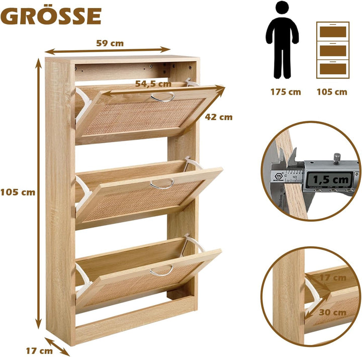 GRAVFORCE Schuhschrank 3 Klappen, Eingangsbereich, Rattan schmaler Schuhschrank Flip Down Schuhregal