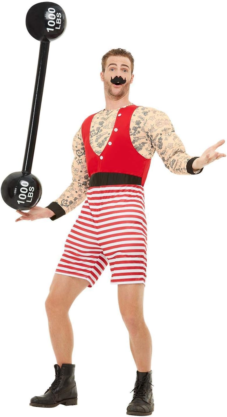 Deluxe Strongman Costume, Red & White, with Short Jumpsuit & Moustache, (L) 42-44 Rot / Weiss, 42-44