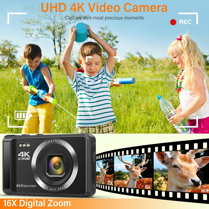 4K Digitalkamera mit 32 GB TF-Karte 64 MP Autofokus Fotoapparat mit 16X Digitalzoom Tragbar Kompaktk