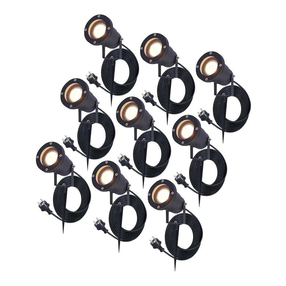 HOFTRONIC 9er Set Sydney - GU10 LED Strahler mit Erdspiess - 1,5M kabel mit Stecker - 4W 450lm - Alu