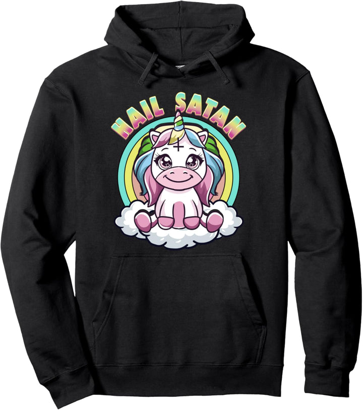 Hail Satan Unicorn Cute Rainbow Heavy Metal Satanic Pun Pullover Hoodie