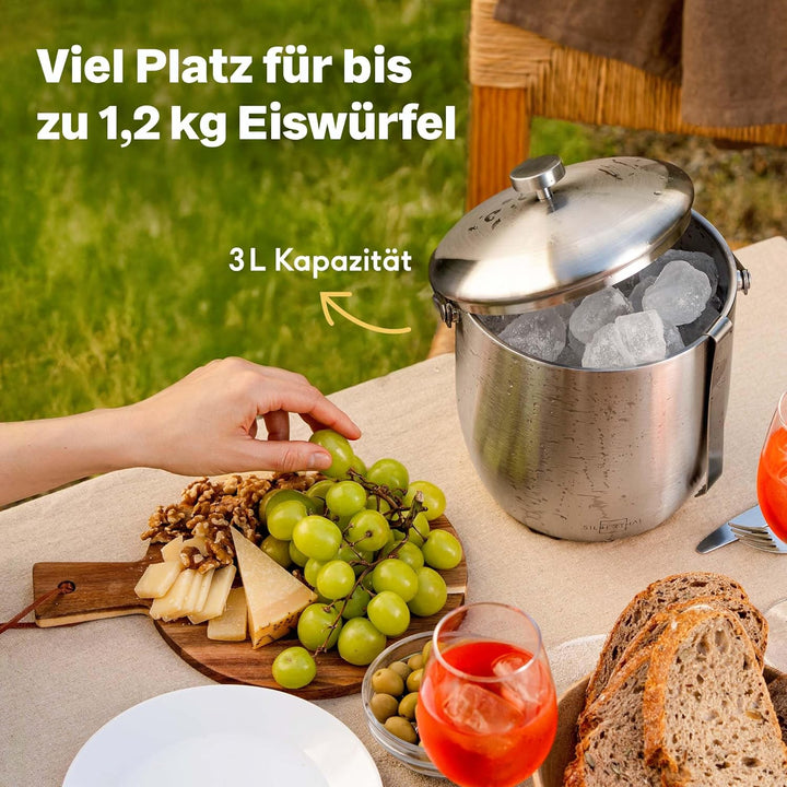 SILBERTHAL Weinkühler Edelstahl & Eiswürfelbehälter 3l mit Deckel und Zange - Flaschenkühler Set - m