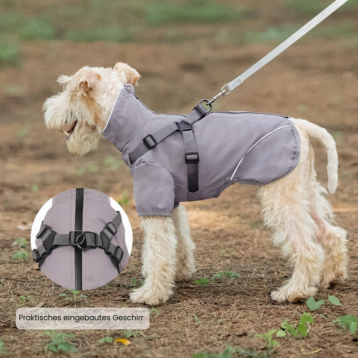Graue mittelgrosse Hunde-Regenjacke, wasserdicht mit Geschirr - leicht anzuziehen, reflektierender R