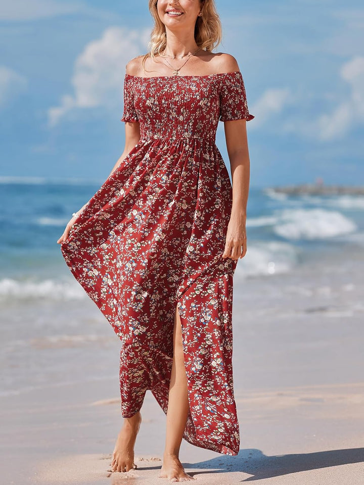 CUPSHE Damen Sommerkleid Schulterfreies Kleid Kurzarm Beinschlitz Blumenmuster Gesmokte Freizeitklei