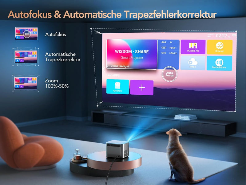 Beamer 4K Unterstützung【Netflix & Autofokus/Trapezkorrektur】 Full HD 1080P Beamer Heimkino WiFi6 Blu