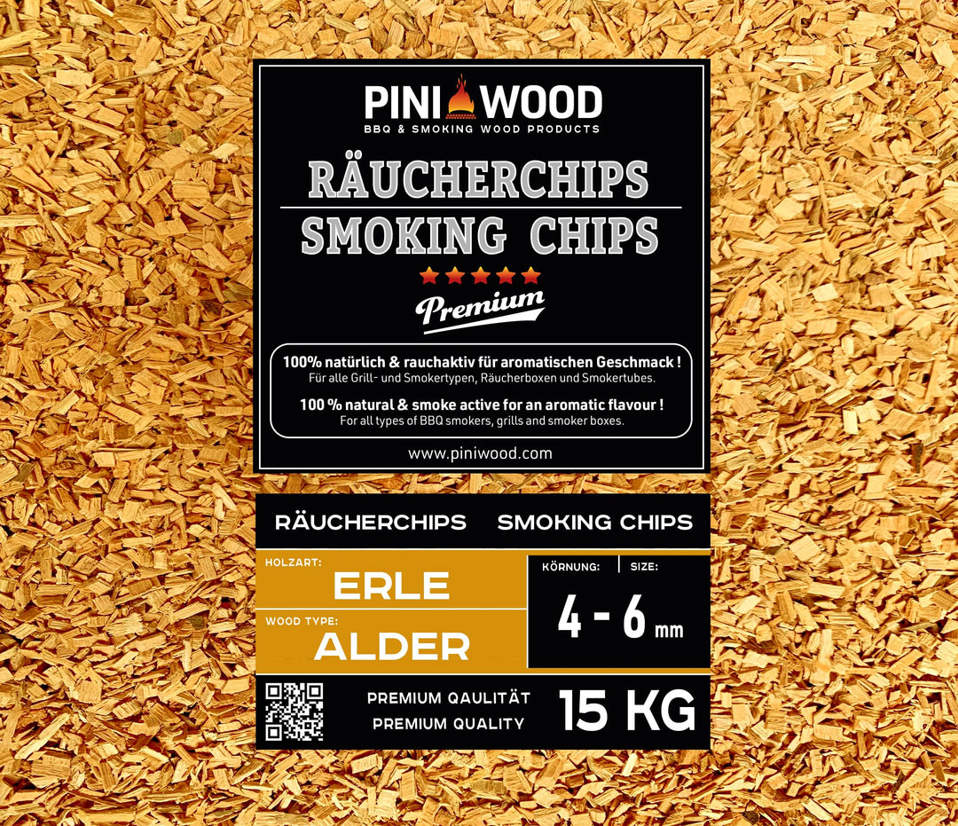 PINI 15 Kg Räucherchips Erle ohne Rinde 4-6 mm Smoking Chips Räucherspäne