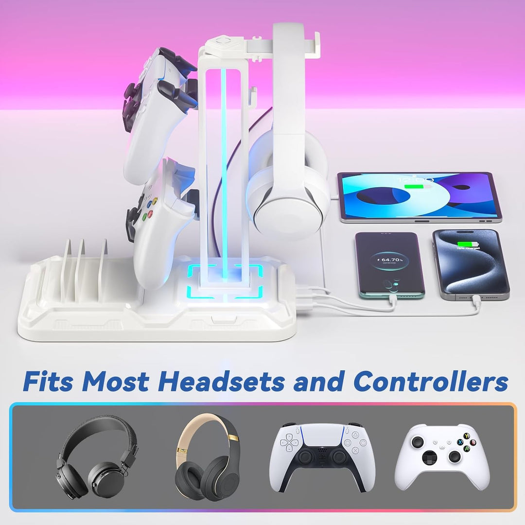 KDD Headset Halterung Led mit Ladestation - PS5 Controller Halter & Kopfhörer Ständer Tisch mit 9 Li